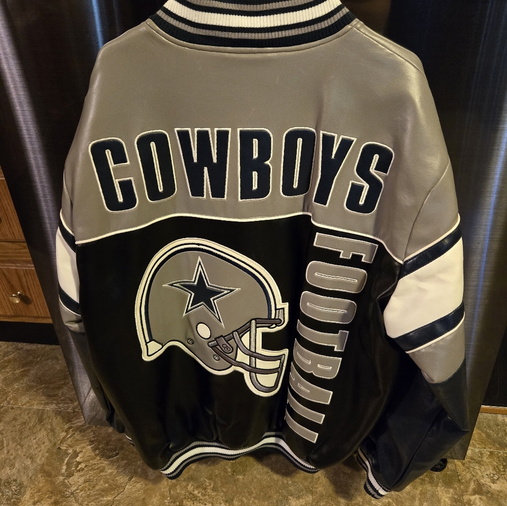 NFL Blue and Gray Varsity Bomber Jacket with Patch Embellishments - Picture 2 of 7
